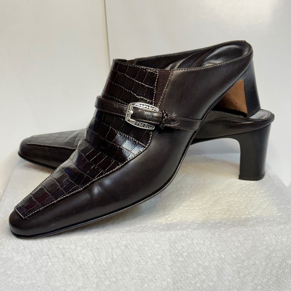 Brighton Shoes - Brighton Tiana Mules Women 8.5M Brown Croc Embossed Buckle Heel Excellent